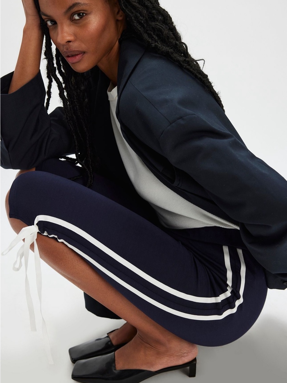 Free People Navy Capris with White Side Stripes